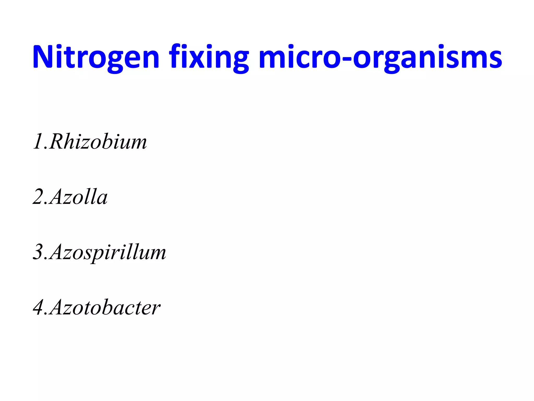 Nitrogen fixing micro-organisms
1.Rhizobium
2.Azolla
3.Azospirillum
4.Azotobacter
 
