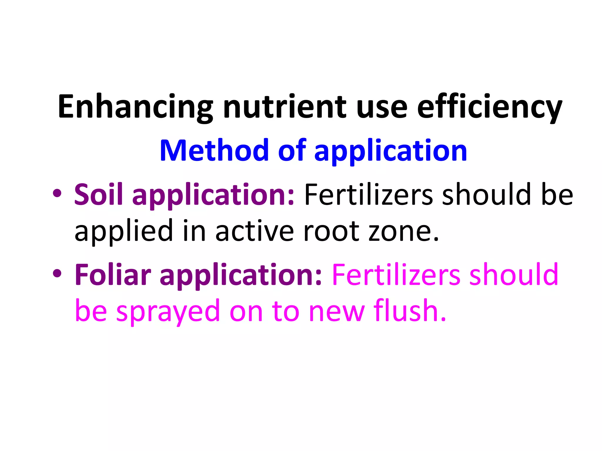 Enhancing nutrient use efficiency
Method of application
• Soil application: Fertilizers should be
applied in active root zone.
• Foliar application: Fertilizers should
be sprayed on to new flush.
 