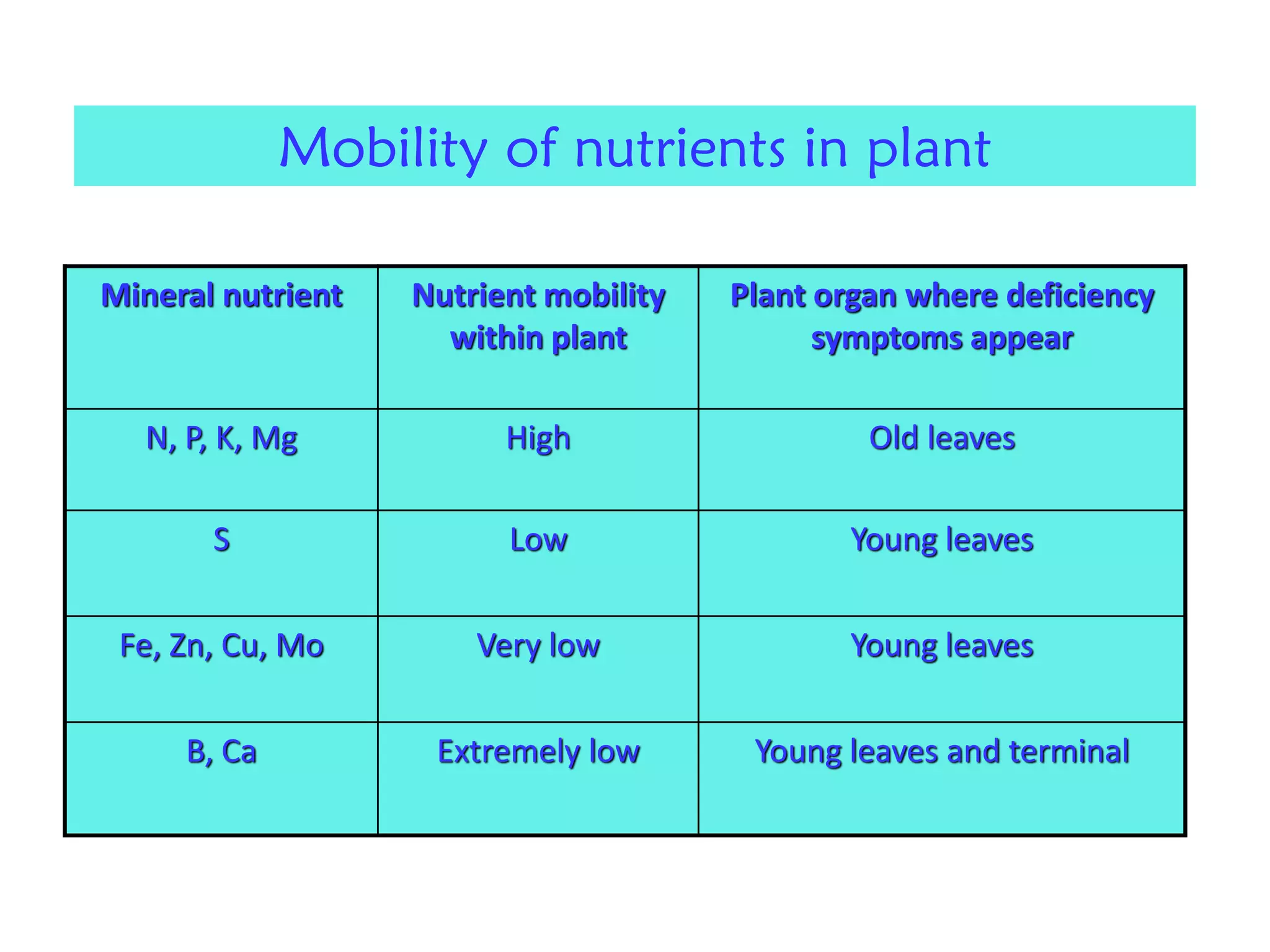 Mineral nutrient Nutrient mobility
within plant
Plant organ where deficiency
symptoms appear
N, P, K, Mg High Old leaves
S Low Young leaves
Fe, Zn, Cu, Mo Very low Young leaves
B, Ca Extremely low Young leaves and terminal
Mobility of nutrients in plant
 