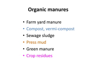 Organic manures
• Farm yard manure
• Compost, vermi-compost
• Sewage sludge
• Press mud
• Green manure
• Crop residues
 