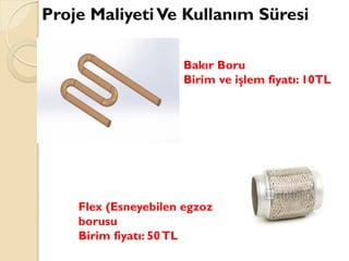 Bakır Boru
Birim ve işlem fiyatı: 10TL
Flex (Esneyebilen egzoz
borusu
Birim fiyatı: 50TL
Proje MaliyetiVe Kullanım Süresi
 