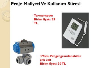 Termometre
Birim fiyatı: 25
TL
3Yollu Progrogramlanabilen
çek valf
Birim fiyatı: 30TL
Proje MaliyetiVe Kullanım Süresi
 