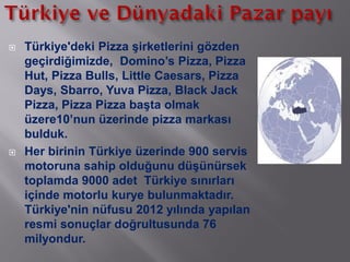  Türkiye'deki Pizza şirketlerini gözden
geçirdiğimizde, Domino’s Pizza, Pizza
Hut, Pizza Bulls, Little Caesars, Pizza
Days, Sbarro, Yuva Pizza, Black Jack
Pizza, Pizza Pizza başta olmak
üzere10’nun üzerinde pizza markası
bulduk.
 Her birinin Türkiye üzerinde 900 servis
motoruna sahip olduğunu düşünürsek
toplamda 9000 adet Türkiye sınırları
içinde motorlu kurye bulunmaktadır.
Türkiye'nin nüfusu 2012 yılında yapılan
resmi sonuçlar doğrultusunda 76
milyondur.
 