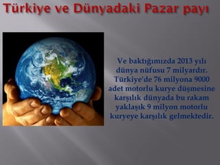 Ve baktığımızda 2013 yılı
dünya nüfusu 7 milyardır.
Türkiye'de 76 milyona 9000
adet motorlu kurye düşmesine
karşılık dünyada bu rakam
yaklaşık 9 milyon motorlu
kuryeye karşılık gelmektedir.
 