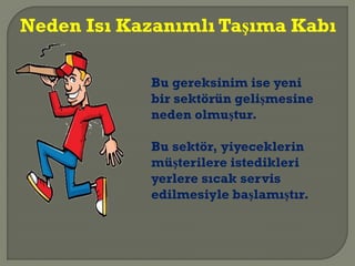 Bu gereksinim ise yeni
bir sektörün gelişmesine
neden olmuştur.
Bu sektör, yiyeceklerin
müşterilere istedikleri
yerlere sıcak servis
edilmesiyle başlamıştır.
Neden Isı Kazanımlı Taşıma Kabı
 