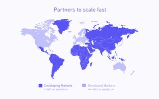 Partners to scale fast
Developing Markets Developed Markets
4 B on popu a on 644 M on popu a on
 