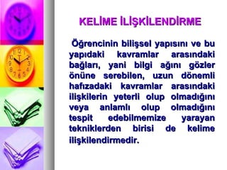 KELİME İLİŞKİLENDİRME Öğrencinin bilişsel yapısını ve bu yapıdaki kavramlar arasındaki bağları, yani bilgi ağını gözler önüne serebilen, uzun dönemli hafızadaki kavramlar arasındaki ilişkilerin yeterli olup olmadığını veya anlamlı olup olmadığını tespit edebilmemize yarayan tekniklerden birisi de kelime ilişkilendirmedir.   