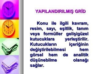 YAPILANDIRILMIŞ GRİD Konu ile ilgili kavram, resim, sayı, eşitlik, tanım veya formüller gelişigüzel kutucuklara yerleştirilir. Kutucukların  içeriğinin değiştirilebilmesi hem görsel hem de analitik düşünebilme olanağı sağlar.   