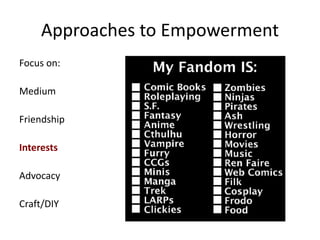 Approaches to Empowerment
Focus on:
Medium
Friendship
Interests
Advocacy
Craft/DIY
 