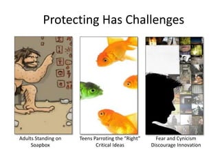 Protecting Has Challenges
Adults Standing on
Soapbox
Teens Parroting the “Right”
Critical Ideas
Fear and Cynicism
Discourage Innovation
 