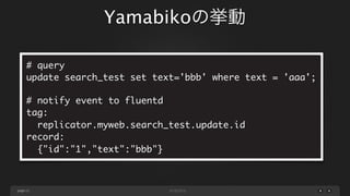 Yamabikoの挙動
# query
update search_test set text='bbb' where text = 'aaa';
# notify event to fluentd
tag:
replicator.myweb.search_test.update.id
record:
{"id":"1","text":"bbb"}

page 13

 