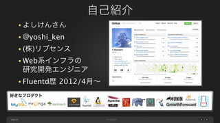 自己紹介
• よしけんさん
• @yoshi_ken
• (株)リブセンス
• Web系インフラの

研究開発エンジニア
• Fluentd歴
好きなプロダクト

page 16

2012/4月∼

 