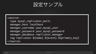 設定サンプル
<match replicator.**>
type mysql_replicator_elasticsearch
host localhost
port 9200
flush_interval 5s
flush_at_shutdown yes
</match>

page 22

 