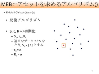 MEBコアセットを求めるアルゴリズム()
・Bãdoiu & Clarkson (2002) [1]


  • 反復アルゴリズム

  • S, c, R の初期化
       – S0 , c0 , R0
       – 適当なデータ z ∈ S を
         とり, S0 = { z } とする
       – c0 = z
       – R0 = 0



                                15
 