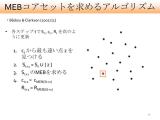 MEBコアセットを求めるアルゴリズム
・Bãdoiu & Clarkson (2002) [1]

• 各ステップ tで St , ct , Rt を次のよ
  うに更新


    1. ct から最も遠い点 z を
       見つける
    2. St+1 = St ∪ { z }
    3. St+1 のMEBを求める
    4. ct+1 = cMEB(St+1)
       Rt+1 = RMEB(St+1)



                                16
 