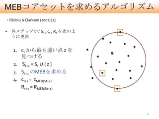 MEBコアセットを求めるアルゴリズム
・Bãdoiu & Clarkson (2002) [1]

• 各ステップ tで St , ct , Rt を次のよ
  うに更新


    1. ct から最も遠い点 z を
       見つける
    2. St+1 = St ∪ { z }
    3. St+1 のMEBを求める
    4. ct+1 = cMEB(St+1)
       Rt+1 = RMEB(St+1)



                                21
 