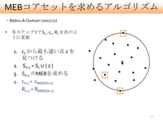 MEBコアセットを求めるアルゴリズム
・Bãdoiu & Clarkson (2002) [1]

• 各ステップ tで St , ct , Rt を次のよ
  うに更新


    1. ct から最も遠い点 z を
       見つける
    2. St+1 = St ∪ { z }
    3. St+1 のMEBを求める
    4. ct+1 = cMEB(St+1)
       Rt+1 = RMEB(St+1)



                                22
 