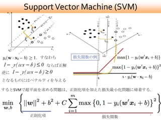 Support Vector Machine (SVM)

           ξj

      ξi



                すなわち      損失関数の例

                  ならば正解
逆に
                                   1          1-
となるものにはペナルティを与える

するとSVMで超平面を求める問題は、正則化項を加えた損失最小化問題に帰着する.




                                                   7
           正則化項                        損失関数
 