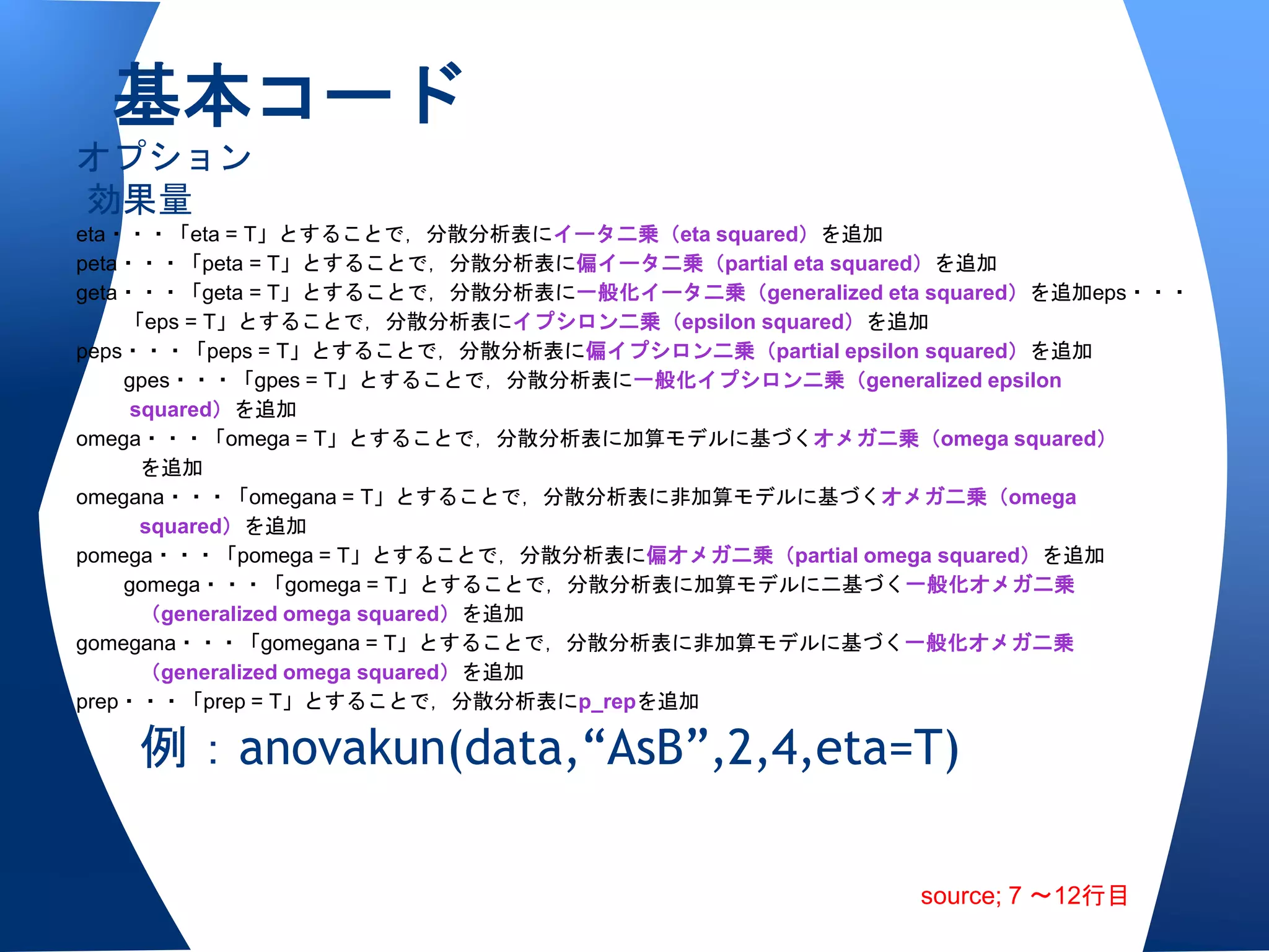 基本コード
オプション
効果量
eta・・・「eta = T」とすることで，分散分析表にイータ二乗（eta squared）を追加
peta・・・「peta = T」とすることで，分散分析表に偏イータ二乗（partial eta squared）を追加
geta・・・「geta = T」とすることで，分散分析表に一般化イータ二乗（generalized eta squared）を追加eps・・・
    「eps = T」とすることで，分散分析表にイプシロン二乗（epsilon squared）を追加
peps・・・「peps = T」とすることで，分散分析表に偏イプシロン二乗（partial epsilon squared）を追加
    gpes・・・「gpes = T」とすることで，分散分析表に一般化イプシロン二乗（generalized epsilon
     squared）を追加
omega・・・「omega = T」とすることで，分散分析表に加算モデルに基づくオメガ二乗（omega squared）
      を追加
omegana・・・「omegana = T」とすることで，分散分析表に非加算モデルに基づくオメガ二乗（omega
      squared）を追加
pomega・・・「pomega = T」とすることで，分散分析表に偏オメガ二乗（partial omega squared）を追加
    gomega・・・「gomega = T」とすることで，分散分析表に加算モデルに二基づく一般化オメガ二乗
      （generalized omega squared）を追加
gomegana・・・「gomegana = T」とすることで，分散分析表に非加算モデルに基づく一般化オメガ二乗
      （generalized omega squared）を追加
prep・・・「prep = T」とすることで，分散分析表にp_repを追加

    例：anovakun(data,“AsB”,2,4,eta=T)

                                                      source; 7 〜12行目
 