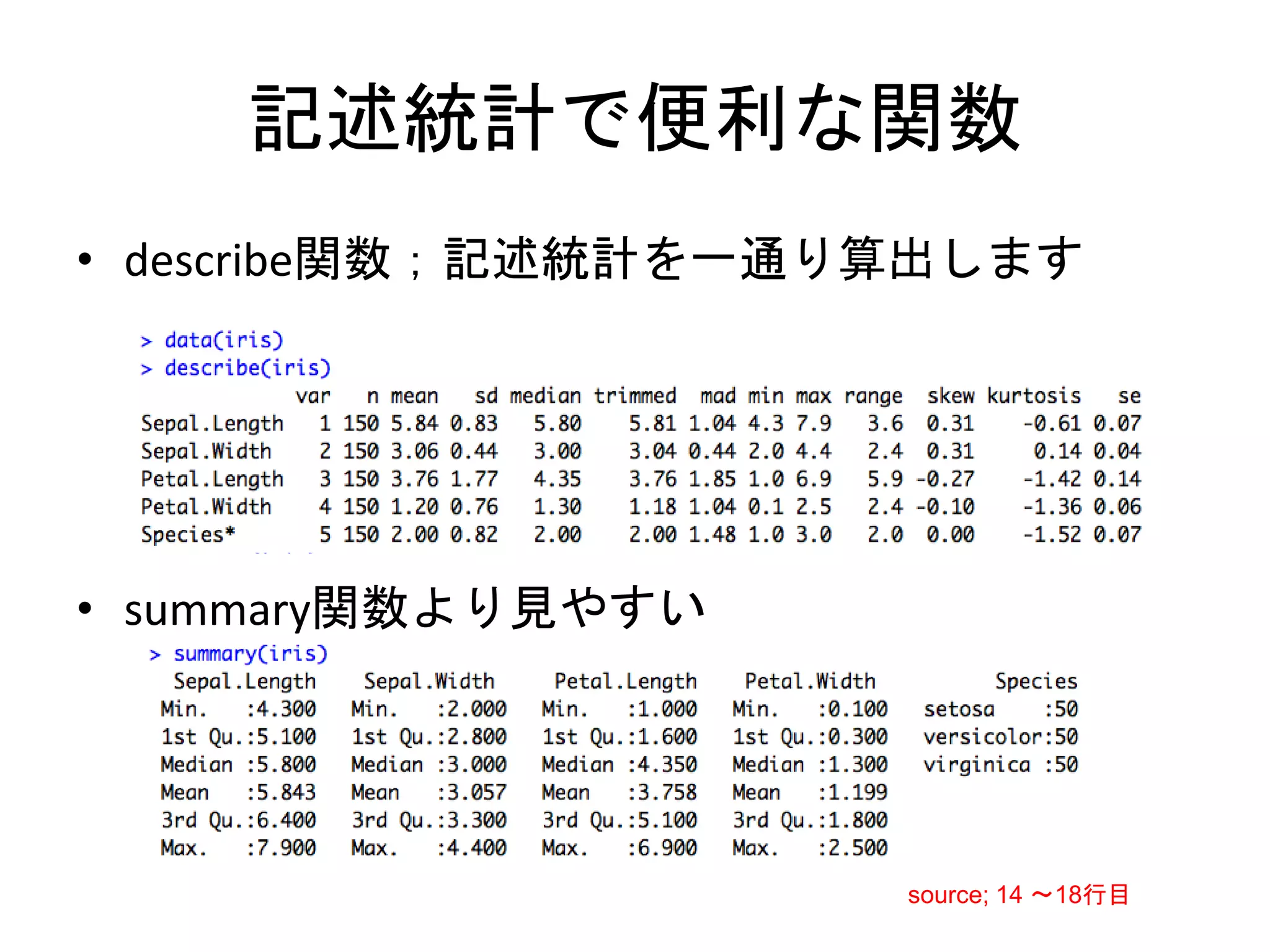 記述統計で便利な関数
• describe関数；記述統計を一通り算出します




• summary関数より見やすい




                     source; 14 〜18行目
 
