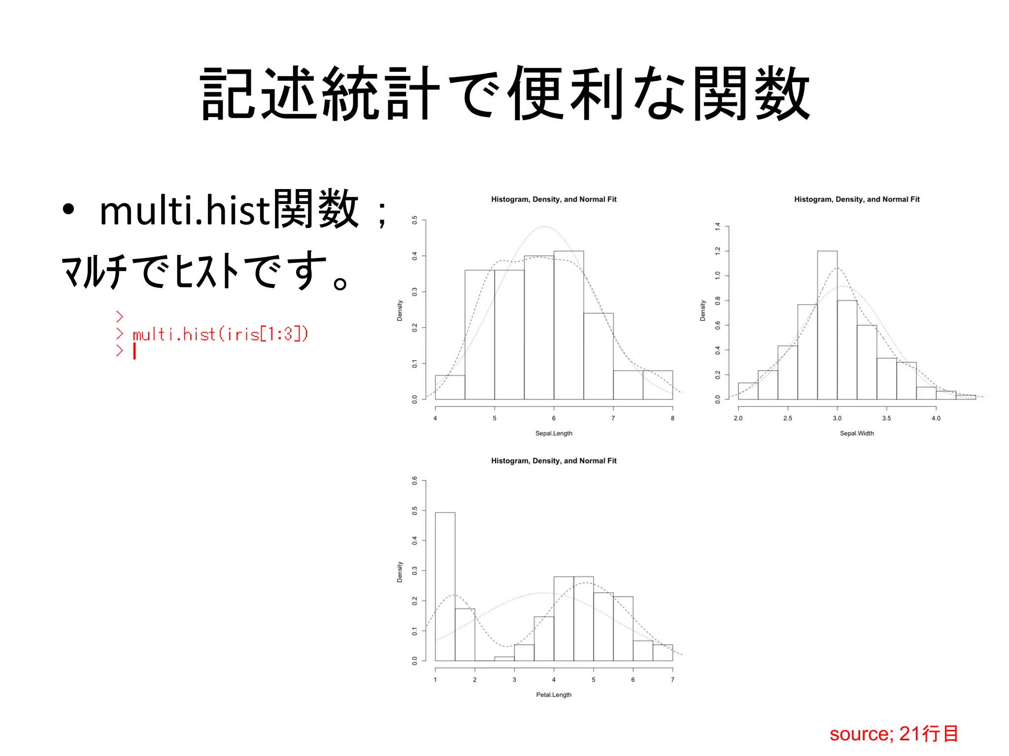 記述統計で便利な関数
• multi.hist関数；
ﾏﾙﾁでﾋｽﾄです。




                  source; 21行目
 