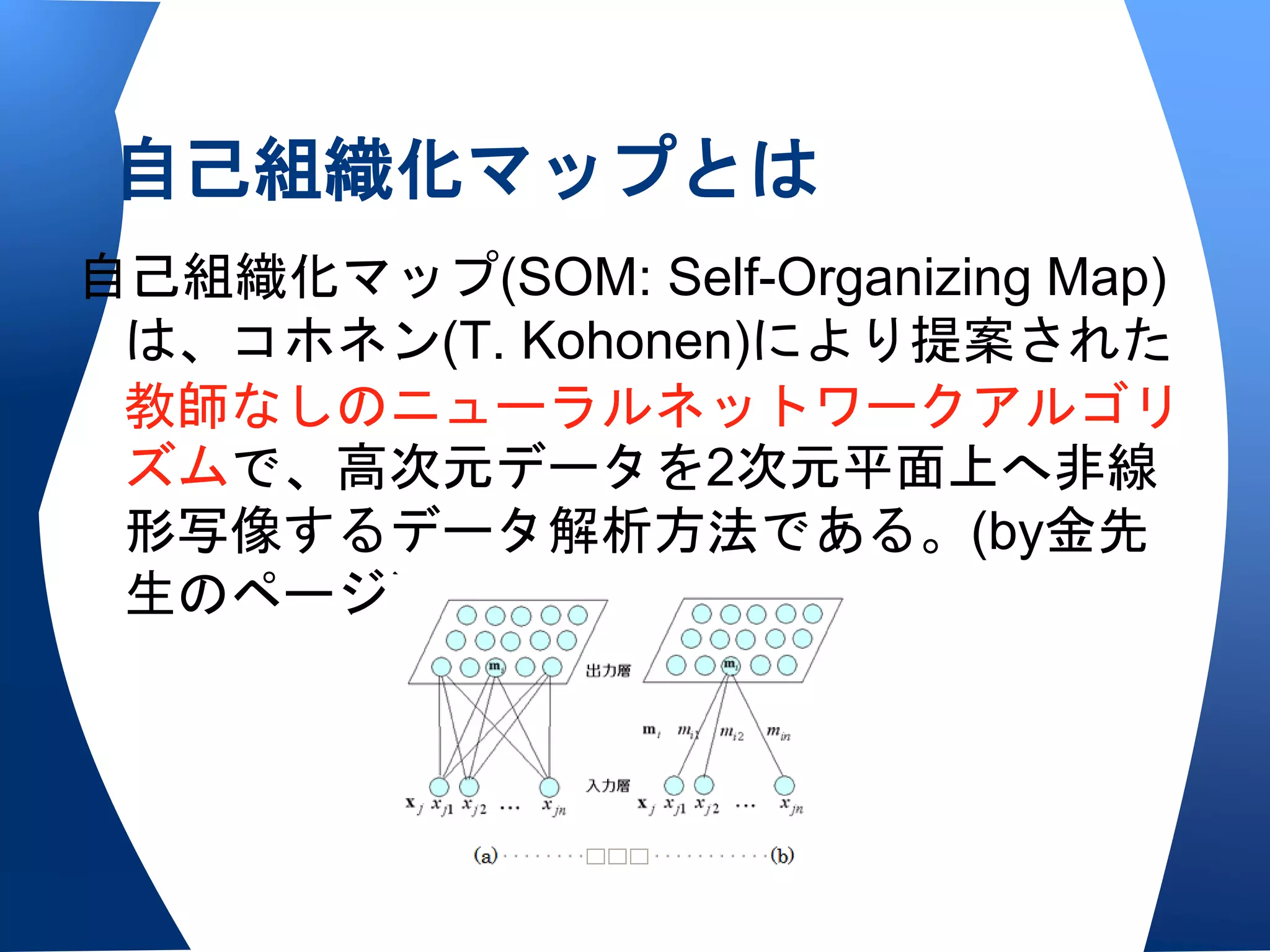 自己組織化マップとは
自己組織化マップ(SOM: Self-Organizing Map)
 は、コホネン(T. Kohonen)により提案された
 教師なしのニューラルネットワークアルゴリ
 ズムで、高次元データを2次元平面上へ非線
 形写像するデータ解析方法である。(by金先
 生のページ）
 