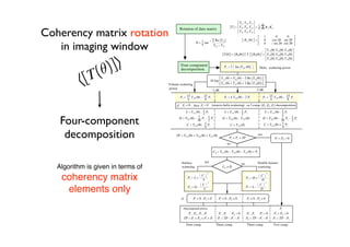 T11 T12 T 13             n
                                                                                                  T = T21 T22 T 23 = 1
                                                                                                                                           †




Coherency matrix rotation
                                                                                                                     n             kp kp
                                               Rotation of data matrix
                                                                                                      T31 T32 T 33
                                                                                                                                   1           0               0
                                                                          - 1 2 Re T 23                      Rp ( ) =              0        cos 2           sin 2

   in imaging window
                                                                  = 1 tan                                                          0       – sin 2          cos 2
                                                                    4          T 22 T 33
                                                                                                                             T 11               T 12        T 13
                                                                                                                           †
                                                                                         T        = R P( )    T      RP( ) = T 21               T 22        T 23
                                                                                                                             T 31               T 32        T 33

                                                Four-component                            Pc = 2 Im T 23 ( )
                                                decomposition                                                             Helix scattering power


                                                                                       T 11 ( ) + T 22 ( ) – 2 Re T12( )
                                                                             10 log
                                    Volume scattering                                  T11 ( ) + T 22 ( ) + 2 Re T 12( )
                                    power                                                                                2 dB
                                                                             - 2 dB

                                               Pv = 15 T 33 ( ) – 15 Pc                   Pv = 4 T 33 ( ) – 2 Pc               Pv = 15 T 33 ( ) – 15 Pc
                                                     4            8                                                                  4            8
                                          if     Pv < 0 , then Pc = 0         (remove helix scattering)            3 comp. (Ps, Pd, Pv ) decomposition

                                                      S = T 11 ( ) - 1 Pv                 S = T 11 ( ) - 1 Pv                      S = T 11 ( ) - 1 Pv
                                                                     2                                   2                                        2

    Four-component                             D = T 22 ( ) - 7 Pv - 1 Pc
                                                              30     2
                                                    C = T 12 ( ) - 1 Pv
                                                                   6
                                                                                         D = T 22 ( ) - T 33 ( )

                                                                                               C = T 12 ( )
                                                                                                                               D = T 22 ( ) - 7 Pv - 1 Pc
                                                                                                                                              30
                                                                                                                               C = T 12 ( ) + 1 Pv
                                                                                                                                               6
                                                                                                                                                     2



     decomposition                       TP = T 11 ( ) + T 22 ( ) + T 33 ( )
                                                                                              Pv + Pc > TP
                                                                                                                         yes
                                                                                                                                                Ps = Pd = 0
                                                                                             no

                                                                              C 0 = T 11 ( ) – T 22 ( ) – T33 ( ) + Pc


                                                Surface               yes                                                Double bounce
                                                                                                         no
   Algorithm is given in terms of               scattering                               C0 > 0                          scattering


    coherency matrix
                                                                        2                                                              2
                                                                C                                                          C
                                                       Ps = S +                                               Pd = D +
                                                                 S                                                         D
                                                                         2                                                   2
                                                                C                                                         C
     elements only                                     Pd = D –
                                                                 S
                                                                                                              Ps = S –
                                                                                                                          D

                                                if          Ps > 0 , Pd > 0           Ps > 0 , Pd < 0         Ps < 0 , Pd > 0

                                                     Decomposed power                                                                                  Pc
                                                        Ps , Pd , Pv , Pc          Pv , Pc Pd = 0              Pv , Pc Ps = 0                   Ps = Pd = 0
                                                     TP = Ps + Pd + Pv + Pc       Ps = TP – Pv – Pc           Pd = TP – Pv – Pc                Pv = TP – Pc
                                                      Four comp.                 Three comp.                  Three comp.                      Two comp.
 