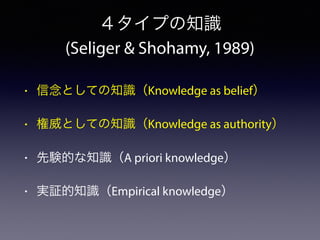 ４タイプの知識
(Seliger & Shohamy, 1989)
• 信念としての知識（Knowledge as belief）
• 権威としての知識（Knowledge as authority）
• 先験的な知識（A priori knowledge）
• 実証的知識（Empirical knowledge）
 