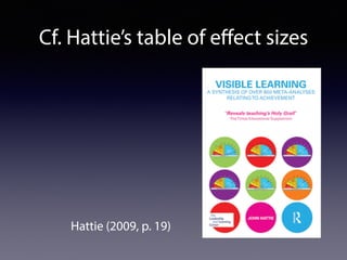 Cf. Hattie’s table of effect sizes
Hattie (2009, p. 19)
 