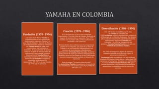 Fundación (1970 - 1976)
Las raíces de la Marca Yamaha en
Colombia están en una empresa de
fundiciones y repuestos, Furesa S.A.,
una filial de Coltejer. A través de Furesa
se establecieron los primeros contactos
con Yamaha Motor Co. Ltda, para
comercializar sus vehículos en
Colombia. El acercamiento de las dos
culturas, el inicio de las relaciones de
confianza y la permanente visita de
funcionarios de Yamaha Motor a
Colombia, favorecieron el traslado del
know How de Yamahaa Colombia y
ensamblar las primeras 26
motocicletas DT 175 en el mes Octubre
de 1975 con 35 personas.
Creación (1976 - 1986)
El 11 de Junio de 1976 se crea la empresa
Impormotos y Cia Ltda, filial de Coltejer, dedicada al
negocio de motocicletas y repuestos. Para 1979
contaba con su propia sede, su línea exclusiva de
ensamble y red comercial.
El inicio de los años ochenta marcó un importante
cambio de la compañía, que pasó de ser filial de
Coltejer a ser una empresa independiente, con
recursos de inversionistas colombianos y
participación deYamaha Motor Co. Ltda. El primer
punto directo de venta que abrió la empresa fué en
Medellín, sector de San Diego en el año 1980 donde
funcionó temporalmente también, el almacén de
repuestos.
Bajo el eslogan "Un nuevo ritmo de vida",
las motocicletas Yamaha conquistaron el corazón de
los colombianos con modelos como Furia FS80, RX
100 y DT 175.
Diversificación (1986 - 1996)
Con 100 motos ensambladas y 15 años
de Yamaha en Colombia, en
1990 Incolmotos adquirió instalaciones propias en
el Municipio de La Estrella, Antioquia. Ese mismo
año se inició la importación y distribución de los
instrumentos musicales Yamaha para
Colombia. En 1994 se inauguraron las
primeras Escuelas Yamaha Musical en el país con
el Método de enseñanza Yamaha.
En 1995 se inauguró la planta de pintura y
soldadura ubicada en La Estrella y para el
aniversario número 20,
Incolmotos había ensamblado 250 mil unidades,
producía 250 motocicletas diarias y laboraban 450
personas en la empresa. Durante esta celebración
se crea el Instituto Técnico Yamaha -ITY-, para
brindar formación a los jóvenes en mecánica de
motocicletas y administración de centros de
servicio.
 