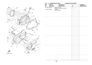 10
FIG. 8 CRANKCASE COVER 1 CUBIERTA DE CARTER 1
28 36L−E5362−00 PLUG, OIL LEVEL 1
TAPON DEL NIVEL DE ACEITE
29 93210−19809 O−RING 1
JUNTA TORICA
REF. PART NO. DESCRIPTION REMARKS
NO. CODIGO NO. DESCRIPTION OBSERVACION
5VA2
 