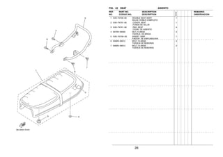 26
FIG. 22 SEAT ASIENTO
1 5VA−F4730−00 DOUBLE SEAT ASSY 1
SILLIN DOBLE COMPLETO
2 5VA−F4731−00 .COVER, SEAT 1
.FUNDA DE SILLIN
3 5VA−F4741−00 .PAD, SEAT 4
.COJIN DE ASIENTO
4 9570N−08500 NUT, FLANGE 2
TUERCA DE BRIDA
5 5VA−F474A−00 ASSIST, GRIP 1
FIADOR DE EMPUNADURA
6 9580N−06012 BOLT, FLANGE 2
TUERCA DE REBORDE
7 9580N−06012 BOLT, FLANGE 2
TUERCA DE REBORDE
REF. PART NO. DESCRIPTION REMARKS
NO. CODIGO NO. DESCRIPTION OBSERVACION
5VA2
 