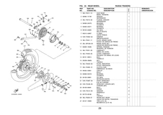 29
FIG. 24 REAR WHEEL RUEDA TRASERA
1 36L−F5311−10 HUB, REAR 1
MASA TRASERA
2 90560−15136 SPACER 1
SEPARADOR
3 36L−F5315−00 FLANGE, SPACER 1
SEPARADOR
4 93306−202Y0 BEARING 1
COJINETE
5 93306−202Y1 BEARING 1
COJINETE
6 93104−22805 OIL SEAL 1
SELLO ACEITE
7 93210−42807 O−RING 1
JUNTA TORICA
8 5VA−F5364−00 DAMPER 4
AMORTIGUADOR
9 36L−F5321−11 PLATE, BRAKE SHOE 1
PLACA DE ZAPATA DE FRENO
10 36L−WF536−00 BRAKE SHOE SET 1
JUEGO DE ZAPATA DE FRENO
11 90506−16036 SPRING, TENSION 2
RESORTE DE TENSION
12 36L−F5351−00 CAMSHAFT 1
ARBOL DE LEVAS
13 36L−F5355−00 LEVER, CAMSHAFT 1
PALANCA DE ARBOL DE LEVAS
14 90101−06814 BOLT 1
TORNILLO
15 9530N−06600 NUT 1
TUERCA
16 36L−F533A−00 PLATE, INDICATOR 1
PLACA INDICADOR
17 36L−F5366−10 CLUTCH, HUB 1
EMBRAGUE DE MASA
18 93420−42801 CIRCLIP 1
BOLA
19 93306−004Y0 BEARING 1
COJINETE
20 93106−26801 OIL SEAL 1
RETEN DE ACEITE
21 5VA−F5387−00 SHAFT SPROCKET 1
EJE DE CORONA
22 5VA−F5439−00 SPROCKET, DRIVEN (39T) 1
CORONA (39T)
23 90109−08361 BOLT 4
PERNO
24 5VA−F5412−00 WASHER 2
ARANDELA
25 90179−08168 NUT 4
TUERCA
26 36L−F5304−01 SPOKE SET, REAR 1
JUEGO DE RAYOS TRASEROS
27 94127−18839 TIRE (2.75−18) 1
NEUMATICO (2.75−18)
REF. PART NO. DESCRIPTION REMARKS
NO. CODIGO NO. DESCRIPTION OBSERVACION
5VA2
 