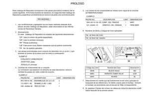 PROLOGO
Este Catálogo de Respuetos corresponds a las piezas para el(los) modelo(s) del re-
cuadro siguiente. Al formular el pedido de repuestos, se ruega citar este Catálogo de
Repuestos y especificar correctamente los números de parte y los nombres de parte.
RX100(5VA2)
1. Las modificaciones y agregados que se hayan realizado después de la
edición de este Catálogo de Repuestos, serán anunciados en las Informa-
ciones de Recambios Yamaha.
2. Abreviaciones
En este. Catálogo de Repuestos se emplean las siguientes abreviaciones.
“UR” Usar el número de partes especificado
“UN” Usar la cantidad necesaria
“AP” Piezas sustitutivas
“LM” Fabricación local (Partes necesarias que se pedirán localmente)
“F#” No. de bastidor aplicable
3. Las piezas suministradas como conjunto se describen con un punto (.) que
precede al nombre de la pieza como se indica a continuación.
EJEMPLO
CONJUNTO CARBURADOR
.INYECTOR, piloto
.BOQUILLA, principal
4. Cantidad de componentes de un conjunto
La numeración que aparece a la derecha de cada descripción, indica la
cantidad de piezas por cada unidad de conjunto.
EJEMPLO
PIEZAS NO. DESCRIPCION CANT. OBSERVACION
2F5−83310−60 ENSAMBLAJE DE LA LUZ 2
115−83311−60 .BOMBILLA (6V−1 8W) 1
1M1−83309−60 .REFLECTOR 1
5. Los colores de los componentes se indican como sigue en la columna
de“OBSERVACIONES”.
EJEMPLO
PIEZAS NO. DESCRIPCION CANT. OBSERVACION
2N4−24110−00−X5 COMP. DEL TANQUE 1 MXR
3J1−24240−10 .GRAFICO, DEL TANQUE 1 PARA MXR
6. Números de Serie y Códigos de Color aplicables
No. de Serie del motor.
No. de Serie del bastidor
Código de Color Nombre del Color Abreviación
00H9 BLACK GOLD BG
009V ADRIATIC CANDY BLUE ACB
0035 SILVER SL
7. Debe tenerse en cuenta que las ilustraciones sirven como guia para la
búsqueda de las referencias y no deben usarse para el montaje. Durante
el montaje, se recomienda usar el manual de Taller correspondiente.
8. EL asterisco (*)antes del número de referencia indica los elementos modifi-
cados después de la primera edición.
 