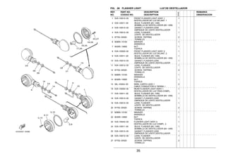 35
FIG. 28 FLASHER LIGHT LUZ DE DESTELLADOR
1 5VA−H3310−00 FRONT FLASHER LIGHT ASSY 1 1
DESTELLADOR DE LUZ DELANT. 1
2 5VA−H3311−00 .BULB, FLASHER (6V−10W) 1
.BOMBILLA DE DESTELLADOR (6V−10W)
3 5VA−H3313−00 .GASKET, FLASHER LENS 1
.EMPAQUE DE LENTE DESTELLADOR
4 5VA−H3312−00 .LENS, FLASHER 1
.LENTE DE DESTELLADOR
5 97702−30520 .SCREW, TAPPING 2
.TORNILLO
6 9290N−10100 WASHER 1
ARANDELA
7 9530N−10600 NUT 1
TUERCA
8 5VA−H3320−00 FRONT FLASHER LIGHT ASSY 2 1
DESTELLADOR DE LUZ DELANT. 2
9 5VA−H3311−00 .BULB, FLASHER (6V−10W) 1
.BOMBILLA DE DESTELLADOR (6V−10W)
10 5VA−H3313−00 .GASKET, FLASHER LENS 1
.EMPAQUE DE LENTE DESTELLADOR
11 5VA−H3312−00 .LENS, FLASHER 1
.LENTE DE DESTELLADOR
12 97702−30520 .SCREW, TAPPING 2
.TORNILLO
13 9290N−10100 WASHER 1
ARANDELA
14 9530N−10600 NUT 1
TUERCA
15 36L−H3354−00 WIRE, EARTH LEAD 1 2
CABLE CONDUCTOR A TIERRA 1
16 5VA−H3330−00 REAR FLASHER LIGHT ASSY 1 1
DESTELLADOR DE LUZ TRAS.COMPL.
17 5VA−H3311−00 .BULB, FLASHER (6V−10W) 1
.BOMBILLA DE DESTELLADOR (6V−10W)
18 5VA−H3313−00 .GASKET, FLASHER LENS 1
.EMPAQUE DE LENTE DESTELLADOR
19 5VA−H3312−00 .LENS, FLASHER 1
.LENTE DE DESTELLADOR
20 97702−30520 .SCREW, TAPPING 2
.TORNILLO
21 9290N−10100 WASHER 1
ARANDELA
22 9530N−10600 NUT 1
TUERCA
23 5VA−H3340−00 FLASHER LIGHT ASSY 2 1
DESTELLADOR DE LUZ COMPL. 2
24 5VA−H3311−00 .BULB, FLASHER (6V−10W) 1
.BOMBILLA DE DESTELLADOR (6V−10W)
25 5VA−H3313−00 .GASKET, FLASHER LENS 1
.EMPAQUE DE LENTE DESTELLADOR
26 5VA−H3312−00 .LENS, FLASHER 1
.LENTE DE DESTELLADOR
27 97702−30520 .SCREW, TAPPING 2
.TORNILLO
REF. PART NO. DESCRIPTION REMARKS
NO. CODIGO NO. DESCRIPTION OBSERVACION
5VA2
 