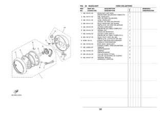 38
FIG. 30 HEADLIGHT FARO DELANTERO
1 36L−H4110−V0 HEADLIGHT UNIT ASSY 1
UNIDAD FARO DELANTERO COMPLETO
2 36L−H4115−V0 .RIM, HEADLIGHT 1
.ARO DE FARO DELANTERO
3 36L−H4121−00 .LENS, HEADLIGHT 1
.LENTES DE FARO DELANTERO
4 36L−H4114−V0 .BULB, HEADLIGHT (6V 25/25W) 1
.AMPOLLETA DE FARO DELANTERO
5 36L−H4140−V0 .SOCKET CORD ASSY 1
.ENCASTRE DE CABLE COMPLETO
6 36L−H4124−V0 .SPRING, SET 3
.JUEGO DE RESORTES
7 36L−H4150−V0 .SOCKET CORD ASSY 2 1
.ENCASTRE DE CABLE COMPLETO 2
8 36L−H4147−V0 .BULB, PILOT LIGHT (6V−3W) 1
.AMPOLLETA LUZ PILOTO (6V−3W)
9 97601−05112 SCREW, PAN HEAD WITH WASHER 2
TORNILLO CON RONDONA
10 36L−H4130−V0 BODY ASSY, HEADLIGHT 1
CUERPO COMPL FARO DELANTERO
11 36L−H3523−00 .DAMPER 2
.AMORTIGUADOR
12 36L−H4164−V0 .DAMPER 2
.AMORTIGUADOR
13 36L−H4145−V0 .COLLAR, BODY FITTING 2
.COLLAR ACCESORIO DE CUERPO
14 36L−H4127−V0 .WASHER, SPECIAL 2
.ARANDELA ESPECIAL
REF. PART NO. DESCRIPTION REMARKS
NO. CODIGO NO. DESCRIPTION OBSERVACION
5VA2
 
