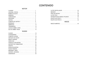 CONTENIDO
MOTOR
CILINDRO 1
. . . . . . . . . . . . . . . . . . . . . . . . . . . . . . . . . . . . . . . . . .
CIGUENAL. PISTON 2
. . . . . . . . . . . . . . . . . . . . . . . . . . . . . . . . .
BOMBA DE ACEITE 3
. . . . . . . . . . . . . . . . . . . . . . . . . . . . . . . . .
ADMISION 4
. . . . . . . . . . . . . . . . . . . . . . . . . . . . . . . . . . . . . . . . .
CARBURADOR 5
. . . . . . . . . . . . . . . . . . . . . . . . . . . . . . . . . . . . .
DESCARGA 7
. . . . . . . . . . . . . . . . . . . . . . . . . . . . . . . . . . . . . . . .
CARTER 8
. . . . . . . . . . . . . . . . . . . . . . . . . . . . . . . . . . . . . . . . . . .
CUBIERTA DE CARTER 1 9
. . . . . . . . . . . . . . . . . . . . . . . . . . . .
ARRANQUE 11
. . . . . . . . . . . . . . . . . . . . . . . . . . . . . . . . . . . . . . . .
EMBRAGUE 12
. . . . . . . . . . . . . . . . . . . . . . . . . . . . . . . . . . . . . . . .
TRANSMISION 13
. . . . . . . . . . . . . . . . . . . . . . . . . . . . . . . . . . . . .
LEVA DE CAMBIO. HORQ 14
. . . . . . . . . . . . . . . . . . . . . . . . . . . .
EJE DE CAMBIO. PEDAL 15
. . . . . . . . . . . . . . . . . . . . . . . . . . . .
SHASIS
CUADRO 16
. . . . . . . . . . . . . . . . . . . . . . . . . . . . . . . . . . . . . . . . . . .
GUARDABARRO 17
. . . . . . . . . . . . . . . . . . . . . . . . . . . . . . . . . . . .
CUBIERTA LATERAL 18
. . . . . . . . . . . . . . . . . . . . . . . . . . . . . . . .
DEPOSITO DE ACEITE 19
. . . . . . . . . . . . . . . . . . . . . . . . . . . . . .
BRAZO TRASERO 20
. . . . . . . . . . . . . . . . . . . . . . . . . . . . . . . . . .
DIRECCION 21
. . . . . . . . . . . . . . . . . . . . . . . . . . . . . . . . . . . . . . . .
HORQUILLA DELANTERA 22
. . . . . . . . . . . . . . . . . . . . . . . . . . .
DEPOSITO DE COMBUSTIBLE 24
. . . . . . . . . . . . . . . . . . . . . . .
ASIENTO 26
. . . . . . . . . . . . . . . . . . . . . . . . . . . . . . . . . . . . . . . . . . .
RUEDA DELANTERA 27
. . . . . . . . . . . . . . . . . . . . . . . . . . . . . . . .
RUEDA TRASERA 29
. . . . . . . . . . . . . . . . . . . . . . . . . . . . . . . . . .
MANUBRIO. CABLE 31
. . . . . . . . . . . . . . . . . . . . . . . . . . . . . . . . .
SOPORTE. APOYAPIE 32
. . . . . . . . . . . . . . . . . . . . . . . . . . . . . . .
GENERADOR 34
. . . . . . . . . . . . . . . . . . . . . . . . . . . . . . . . . . . . . .
LUZ DE DESTELLADOR 35
. . . . . . . . . . . . . . . . . . . . . . . . . . . . .
MEDIDOR 37
. . . . . . . . . . . . . . . . . . . . . . . . . . . . . . . . . . . . . . . . . .
FARO DELANTERO 38
. . . . . . . . . . . . . . . . . . . . . . . . . . . . . . . . .
LUZ DE COLA 39
. . . . . . . . . . . . . . . . . . . . . . . . . . . . . . . . . . . . . .
INTERRUPTOR DE MANIJA. PALANCA 40
. . . . . . . . . . . . . . . .
EQUIPO ELECTRICO 1 41
. . . . . . . . . . . . . . . . . . . . . . . . . . . . . .
EQUIPO ELECTRICO 2 42
. . . . . . . . . . . . . . . . . . . . . . . . . . . . . .
INDICE
INDICE NUMERICO 43
. . . . . . . . . . . . . . . . . . . . . . . . . . . . . . . . .
 
