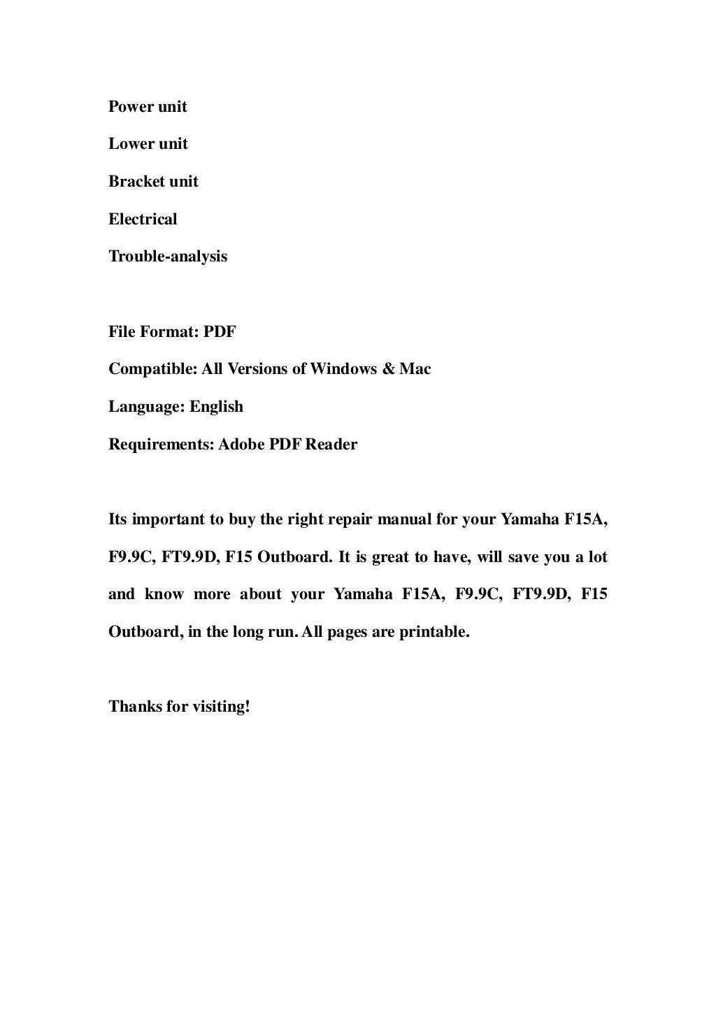 Yamaha f15 a, f9.9c, ft9.9d, f15 outboard service repair workshop man…