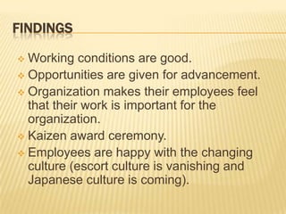 FINDINGS
 Working conditions are good.
 Opportunities are given for advancement.
 Organization makes their employees feel
that their work is important for the
organization.
 Kaizen award ceremony.
 Employees are happy with the changing
culture (escort culture is vanishing and
Japanese culture is coming).
 