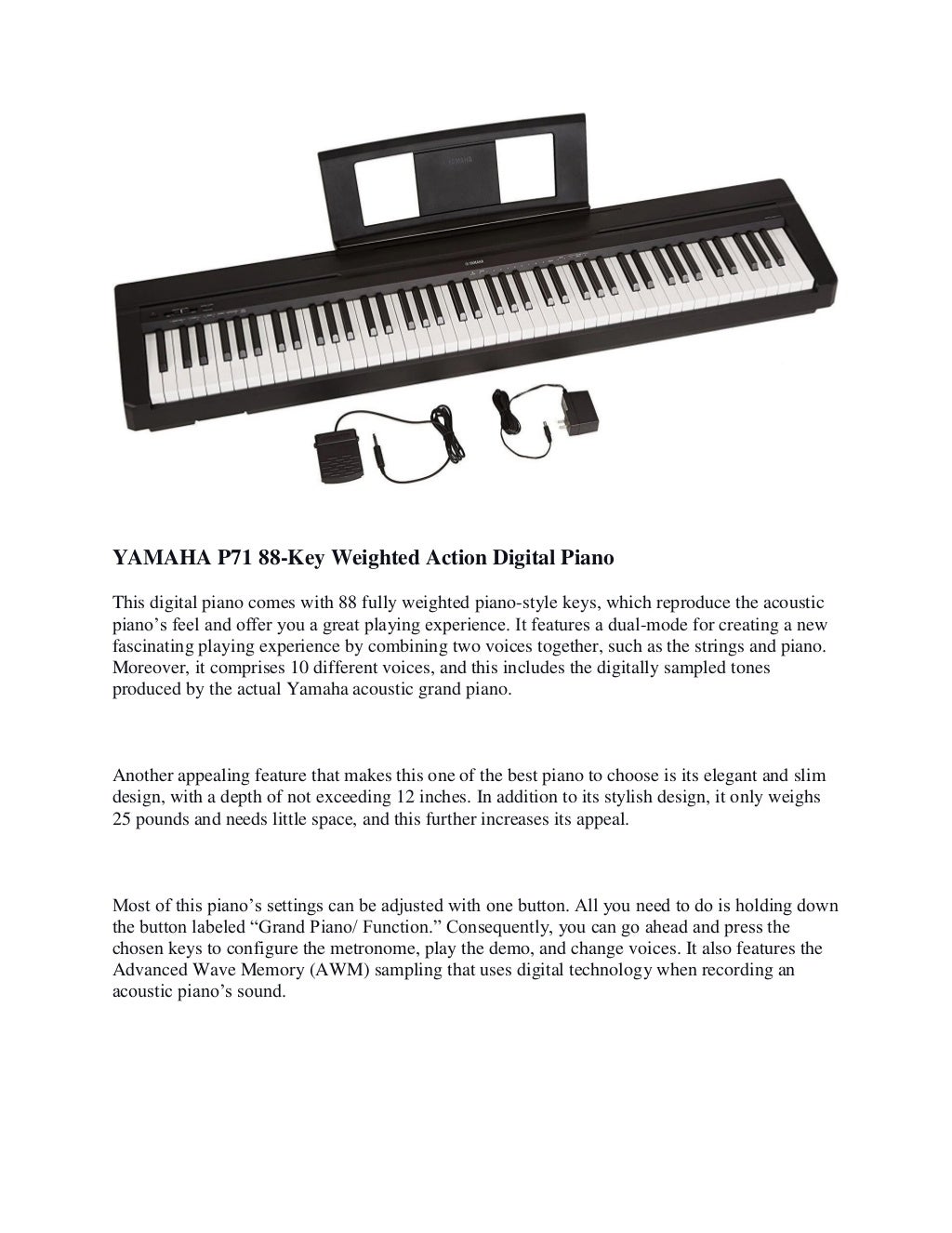 YAMAHA P71 88Key Weighted Action Digital Piano