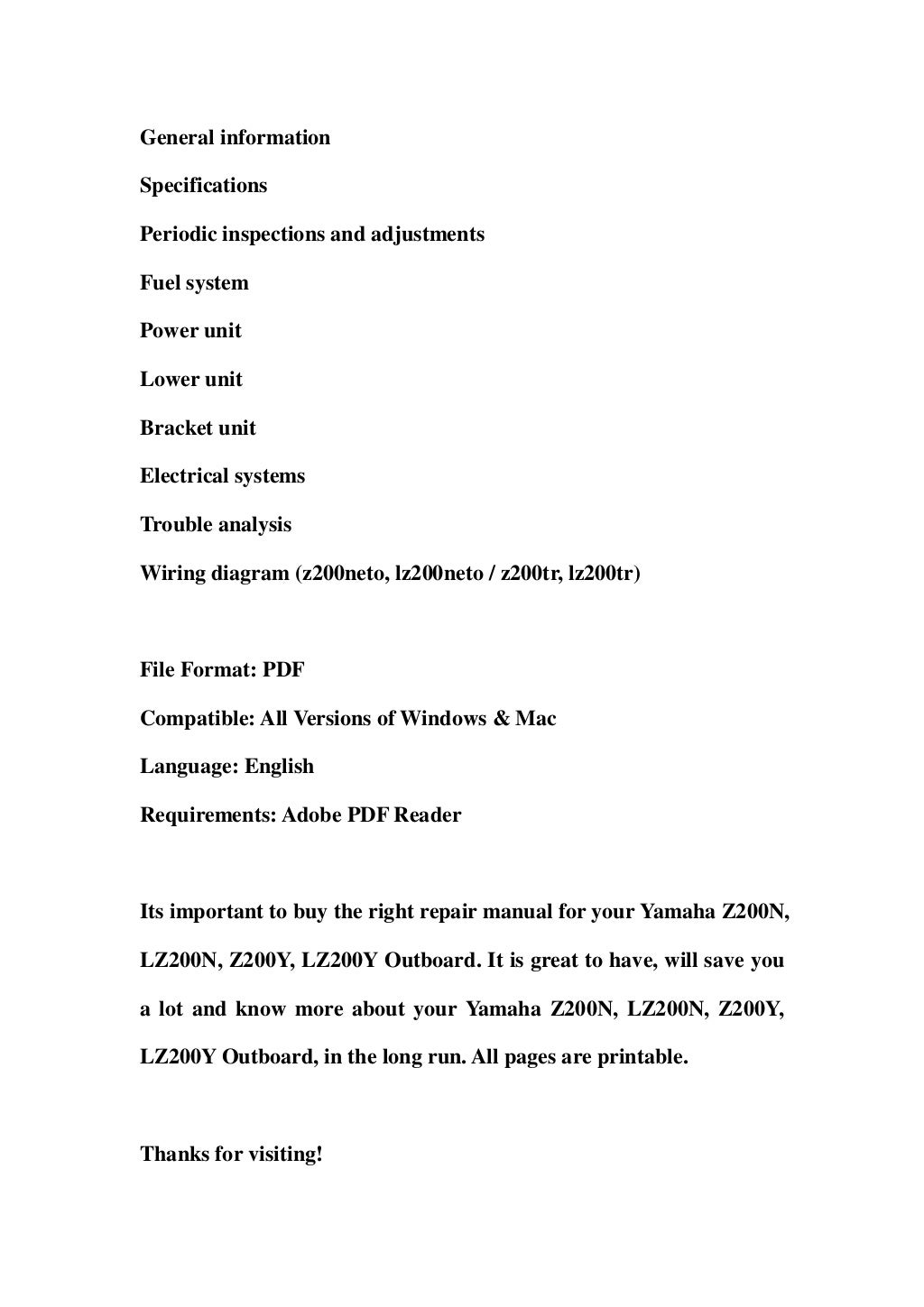 Yamaha z200 n, lz200n, z200y, lz200y outboard service repair workshop…