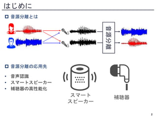 はじめに
 音源分離とは
 音源分離の応用先
• 音声認識
• スマートスピーカー
• 補聴器の高性能化
2
音源分離
補聴器
スマート
スピーカー
 