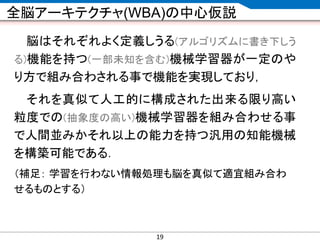CONFIDENTIAL MATERIAL / RESTRICTED ACCESSCONFIDENTIAL MATERIAL / RESTRICTED ACCESS
全脳アーキテクチャ(WBA)の中心仮説
脳はそれぞれよく定義しうる(アルゴリズムに書き下しう
る)機能を持つ(一部未知を含む)機械学習器が一定のや
り方で組み合わされる事で機能を実現しており，
それを真似て人工的に構成された出来る限り高い
粒度での(抽象度の高い)機械学習器を組み合わせる事
で人間並みかそれ以上の能力を持つ汎用の知能機械
を構築可能である．
（補足： 学習を行わない情報処理も脳を真似て適宜組み合わ
せるものとする）
19
 