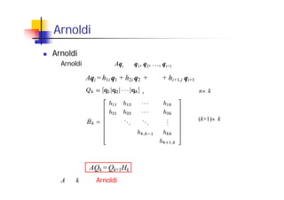 Arnoldi 法（続き）
Arnoldi 分解（復習）
・ Arnoldi 過程 より，Aqi は q1, q2, …, qi+1 を使って次のように書ける
・ そこで，
　　と定義すると，次の式が成り立つ
・ A の k 次の Arnoldi 分解
Aqi = h1i q1 + h2i q2 + ・・・ + hi+1,i qi+1
AQk = Qk+1Hk
～
（n×k 列直交行列）
（(k+1)×k 行列）
,
 