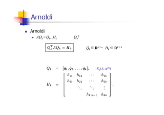 Arnoldi 法（続き）
Arnoldi 分解（続き）
AQk = Qk+1Hk に左から Qn
T をかけると，
　　
　　ただし，
.
Kk(A; x(0)) の正規直交基底
ヘッセンベルグ行列
（Qk Rk n，Hk Rk k）
～
 