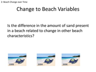 2: Beach Change over Time

Change to Beach Variables
Is the difference in the amount of sand present
in a beach related to change in other beach
characteristics?

1999

2004

2006

 