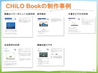 CHiLO Bookの制作事例
講義のパワーポイントを再利用
講義収録ビデオ合成音声の利用
手書きビデオの利用語学教材
Copyright © 2015 CCC-TIES All rights reserved.
25
 