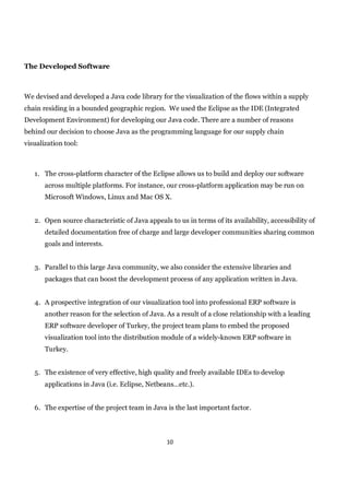 The Developed Software



We devised and developed a Java code library for the visualization of the flows within a supply
chain residing in a bounded geographic region. We used the Eclipse as the IDE (Integrated
Development Environment) for developing our Java code. There are a number of reasons
behind our decision to choose Java as the programming language for our supply chain
visualization tool:



   1. The cross-platform character of the Eclipse allows us to build and deploy our software
       across multiple platforms. For instance, our cross-platform application may be run on
       Microsoft Windows, Linux and Mac OS X.


   2. Open source characteristic of Java appeals to us in terms of its availability, accessibility of
       detailed documentation free of charge and large developer communities sharing common
       goals and interests.


   3. Parallel to this large Java community, we also consider the extensive libraries and
       packages that can boost the development process of any application written in Java.


   4. A prospective integration of our visualization tool into professional ERP software is
       another reason for the selection of Java. As a result of a close relationship with a leading
       ERP software developer of Turkey, the project team plans to embed the proposed
       visualization tool into the distribution module of a widely-known ERP software in
       Turkey.


   5. The existence of very effective, high quality and freely available IDEs to develop
       applications in Java (i.e. Eclipse, Netbeans…etc.).


   6. The expertise of the project team in Java is the last important factor.



                                                 10
 