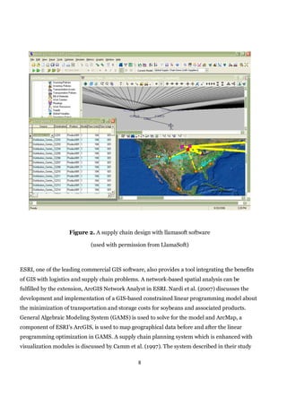 Figure 2. A supply chain design with llamasoft software

                            (used with permission from LlamaSoft)



ESRI, one of the leading commercial GIS software, also provides a tool integrating the benefits
of GIS with logistics and supply chain problems. A network-based spatial analysis can be
fulfilled by the extension, ArcGIS Network Analyst in ESRI. Nardi et al. (2007) discusses the
development and implementation of a GIS-based constrained linear programming model about
the minimization of transportation and storage costs for soybeans and associated products.
General Algebraic Modeling System (GAMS) is used to solve for the model and ArcMap, a
component of ESRI’s ArcGIS, is used to map geographical data before and after the linear
programming optimization in GAMS. A supply chain planning system which is enhanced with
visualization modules is discussed by Camm et al. (1997). The system described in their study

                                                8
 