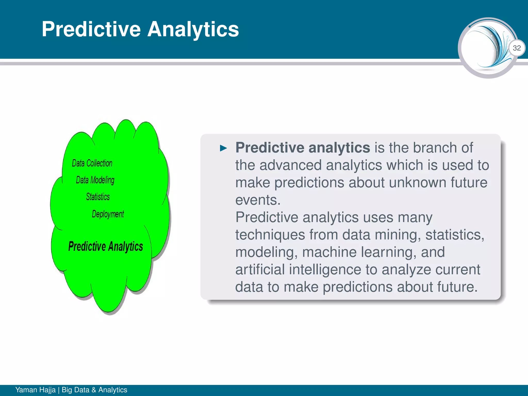 32
Predictive Analytics
Predictive analytics is the branch of
the advanced analytics which is used to
make predictions about unknown future
events.
Predictive analytics uses many
techniques from data mining, statistics,
modeling, machine learning, and
artiﬁcial intelligence to analyze current
data to make predictions about future.
Yaman Hajja | Big Data & Analytics
 